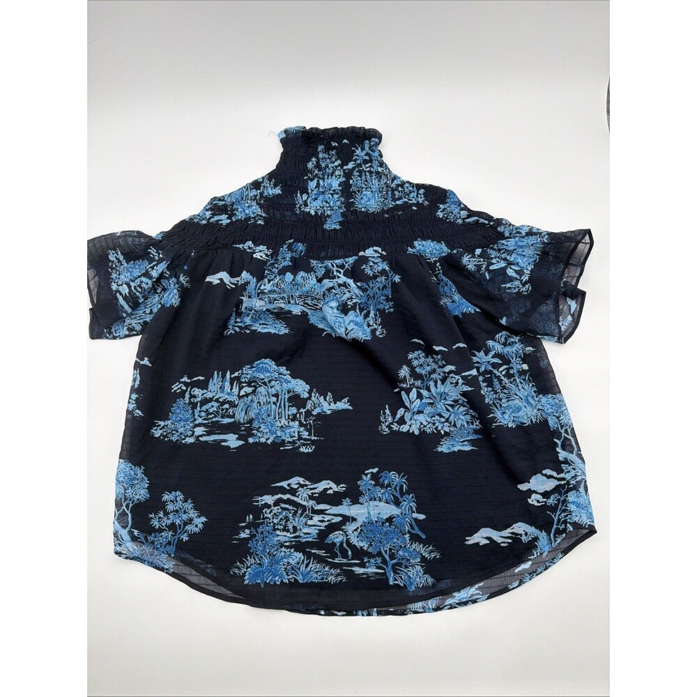 Ann Taylor Blouse XXSP Midnight Blue White Toile Floral Print Short Sleeve Top